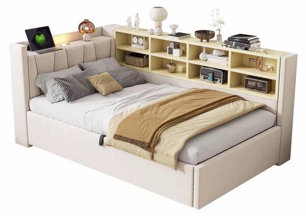 Divano letto Samt - Divano letto trasformabile - 140 x 200 cm - Spazio contenitore con sistema idraulico - Poggiatesta imbottito - Grigio chiaro