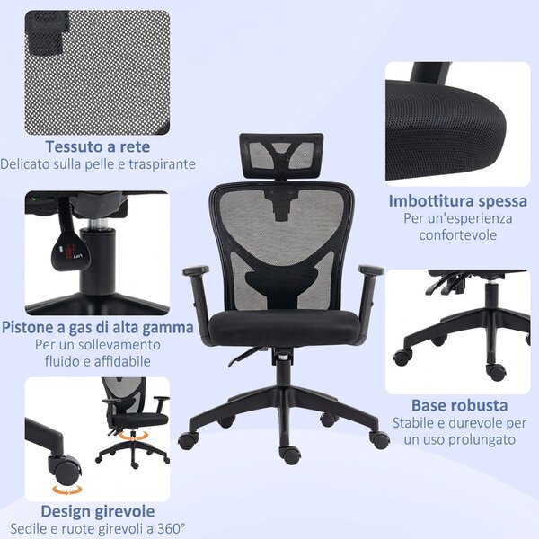 Vinsetto Sedia da Ufficio Ergonomica con Altezza Regolabile, Supporto Lombare e Poggiatesta, 66x61x106-116cm Nero|Aosom