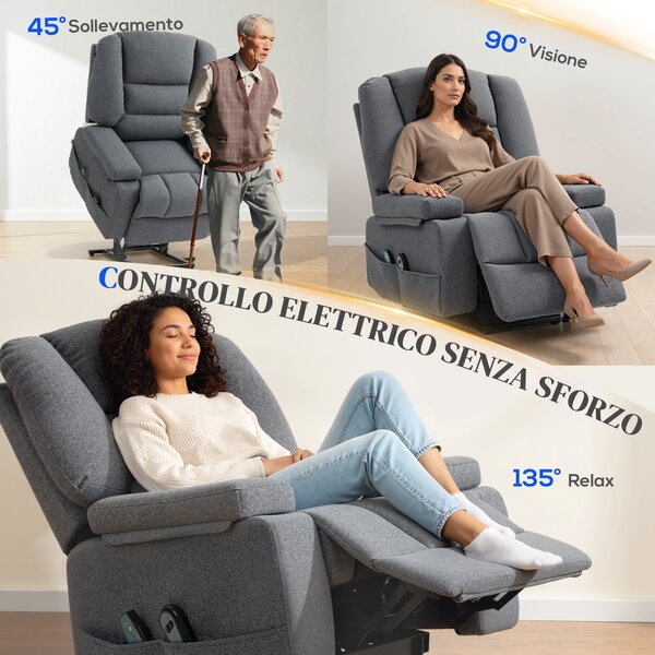 HOMCOM Poltrona Alzapersona Reclinabile con 8 Punti Massaggianti, in Tessuto Effetto Lino, 97x90x102 cm, Grigio