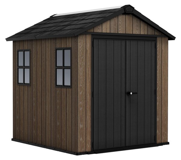 Apex 757/775 - Casetta da Giardino 223,8x246x230 cm 2 Ante per deposito attrezzi finitura effetto legno Evotech+ in Resina Marrone e Nero