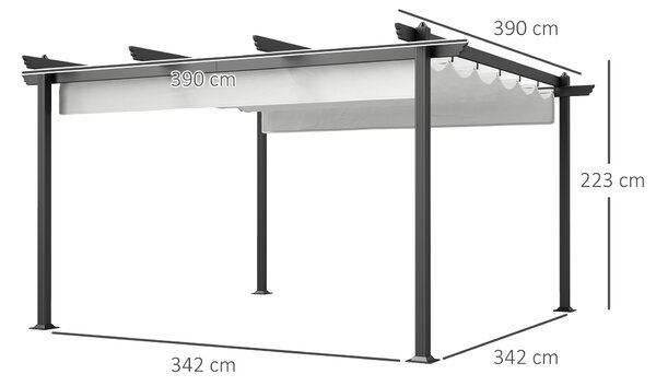 Outsunny Gazebo Pergola 4x4 m con Tettuccio Retrattile, 8 Viti e 8 Picchetti in Alluminio, Poliestere e Metallo, Bianco