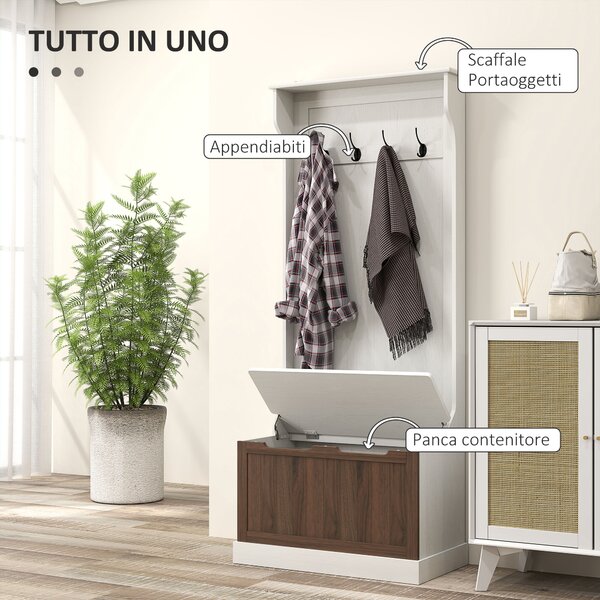 HOMCOM Mobile Appendiabiti 3 in 1 con 4 Ganci e Panca Contenitore, in Legno, 71.5x39.5x170 cm, Bianco