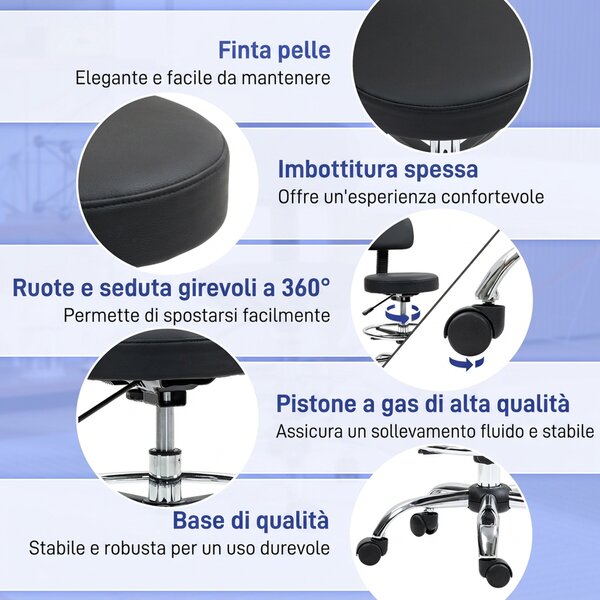 HOMCOM Sedia Girevole ad Altezza Regolabile con Poggiapiedi, in Acciaio, Finta Pelle e Gommapiuma, 52x52x78-92 cm, Nero