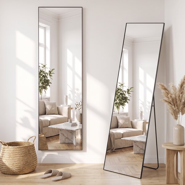 HOMCOM Specchio a Figura Intera da Parete o da Terra in Metallo e Lega di Alluminio, 50x2x161.5 cm, Nero | Aosom Italy