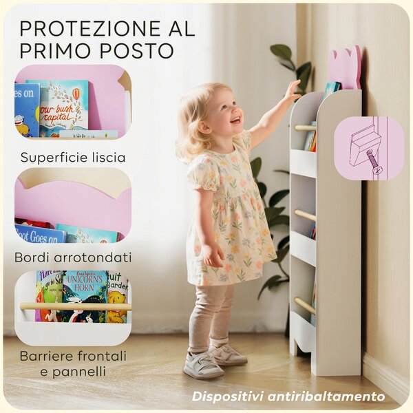AIYAPLAY Libreria per Bambini con 3 Ripiani a Forma di Orsetto con Barriere Frontali, 55x15x110 cm, Rosa | Aosom Italy