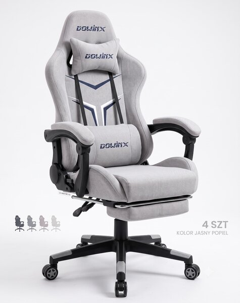 Sedia da gaming ergonomica Dowinx con poggiapiedi e massaggio lombare – Tessuto traspirante, colore grigio chiaro