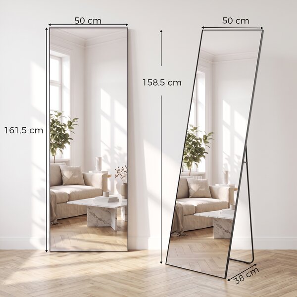 HOMCOM Specchio a Figura Intera da Parete o da Terra in Metallo e Lega di Alluminio, 50x2x161.5 cm, Nero | Aosom Italy