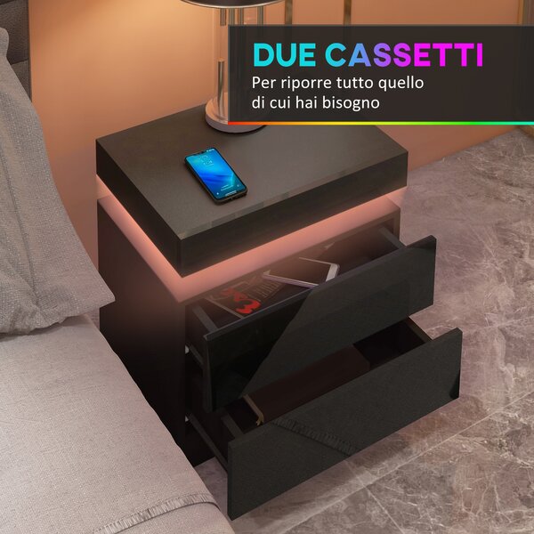 HOMCOM Comodino LED a 16 Colori e 4 Modalità con 2 Cassetti, in Legno, 45x35x52 cm, Nero | Aosom Italy