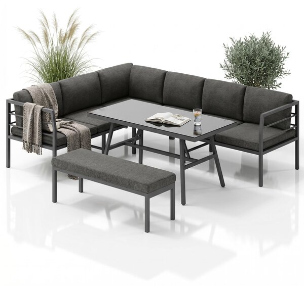 Mucola set da pranzo divano angolare in alluminio con panca tavolo grigio resistente alle intemperie oasi relax mobili da giardino set angolare divano mobili da esterno