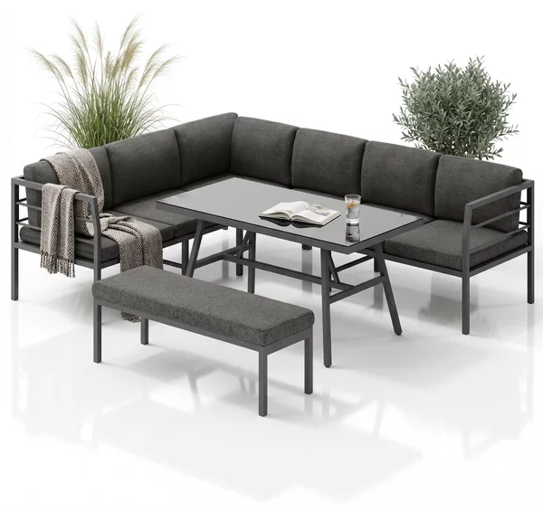 Mucola set da pranzo divano angolare in alluminio con panca tavolo grigio resistente alle intemperie oasi relax mobili da giardino set angolare divano mobili da esterno