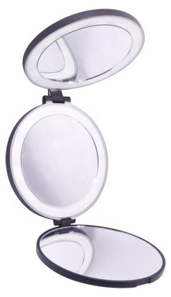Specchio cosmetico LED Uniq pieghevole in tre parti con ingrandimento 5x e 10x, specchio da trucco compatto, nero