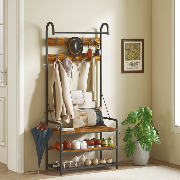 HOMCOM Appendiabiti da Ingresso con Asta, 10 Ganci, Panca e Scarpiera, in Legno e Metallo, 80x40x182 cm, Marrone e Nero | Aosom Italy