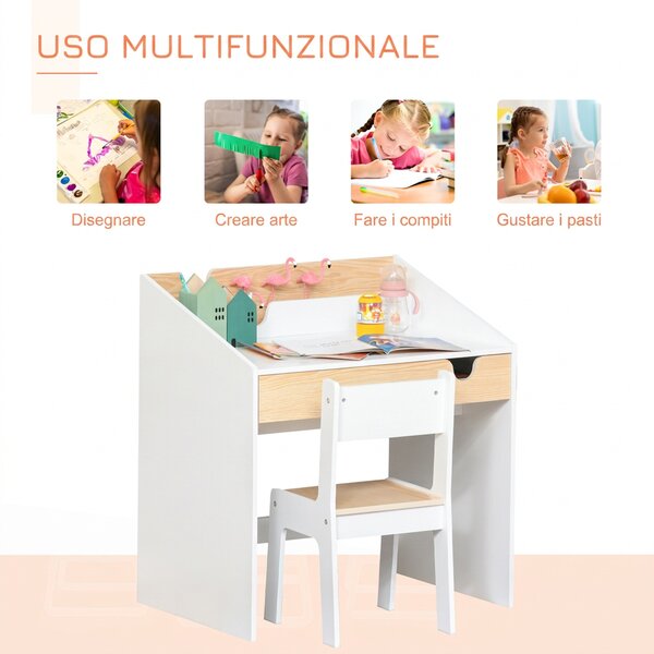 HOMCOM Set Scrivania e Sedia per Bambini con Cassetto e Scaffale, Bordi Arrotondati, Età 6-10 Anni, Bianco e Legno | Aosom Italy
