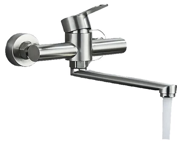 KLARWERK® MAX | Miscelatore per uso professionale da montare a parete, finitura argento | Rubinetto da cucina in acciaio inossidabile, design lungo e piatto | Rubinetto per ristorante, montaggio a parete