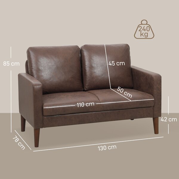 HOMCOM Divano 2 Posti Moderno con Rivestimento in Tessuto Effetto Pelle Traspirante e Gambe in Legno, 130x78x85 cm, Marrone Scuro | Aosom Italy