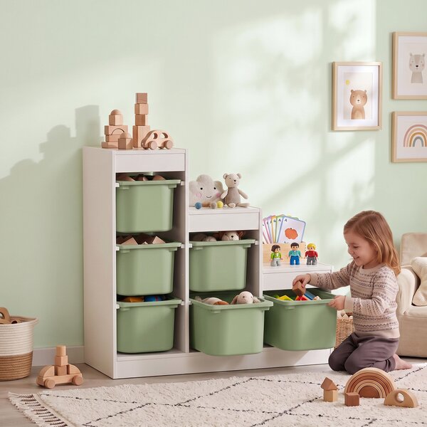 AIYAPLAY Scaffale Portagiochi a 3 Livelli con 6 Contenitori per Bambini da 3-8 Anni, 96x38.5x90cm, Verde | Aosom Italy