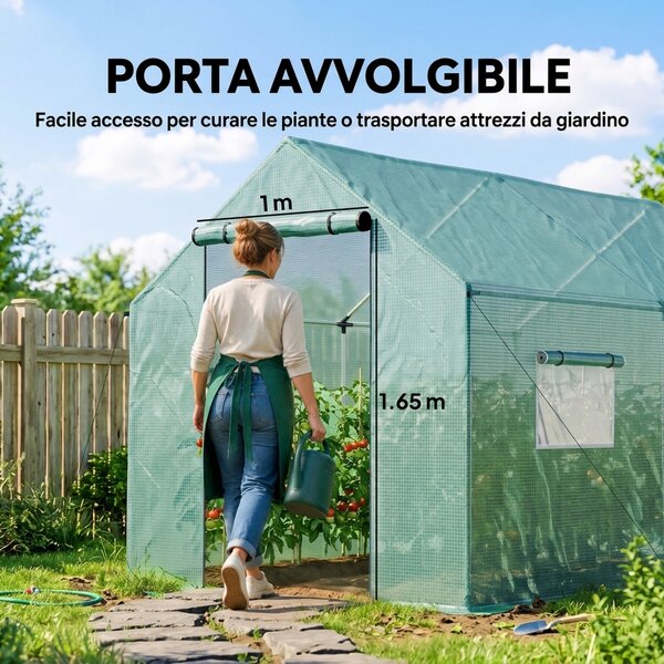 Outsunny Serra a Tunnel 2x3x2 m con Porte e Finestre Avvolgibili e Tetto a Punta, in Acciaio e PE, Verde | Aosom Italy