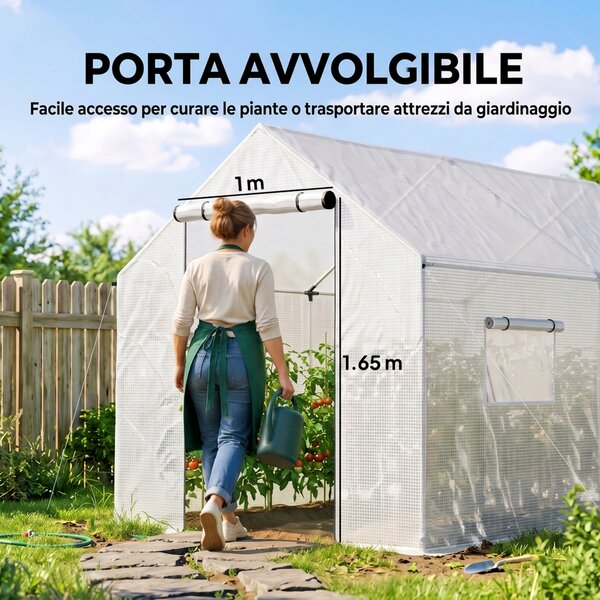 Outsunny Serra a Tunnel 2x3x2 m con Porte e Finestre Avvolgibili e Tetto a Punta, in Acciaio e PE, Bianco | Aosom Italy