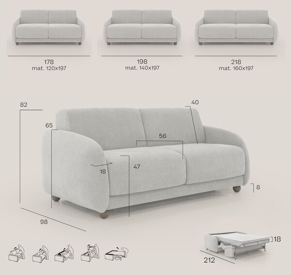 Giglio divano letto scandinavo japandi con materasso H18 cm in tessuto