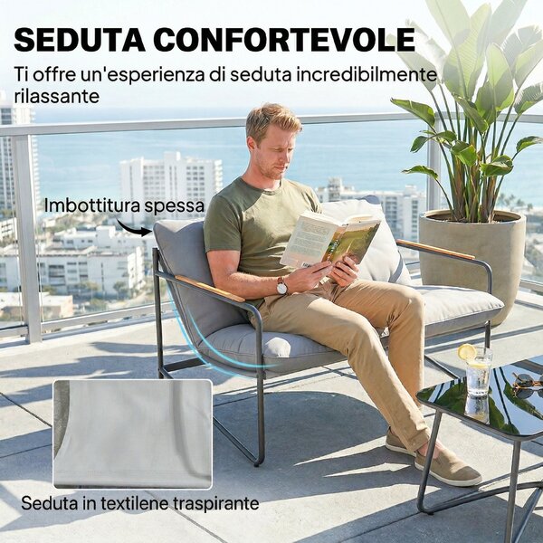 Outsunny Set Giardino 4 Posti con Cuscini Spessi, Salotto Metallo, Grigio Chiaro | Aosom Italy