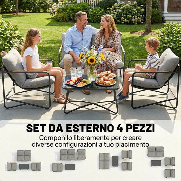 Outsunny Set Giardino 4 Posti con Cuscini Spessi, Salotto Metallo, Grigio Chiaro | Aosom Italy