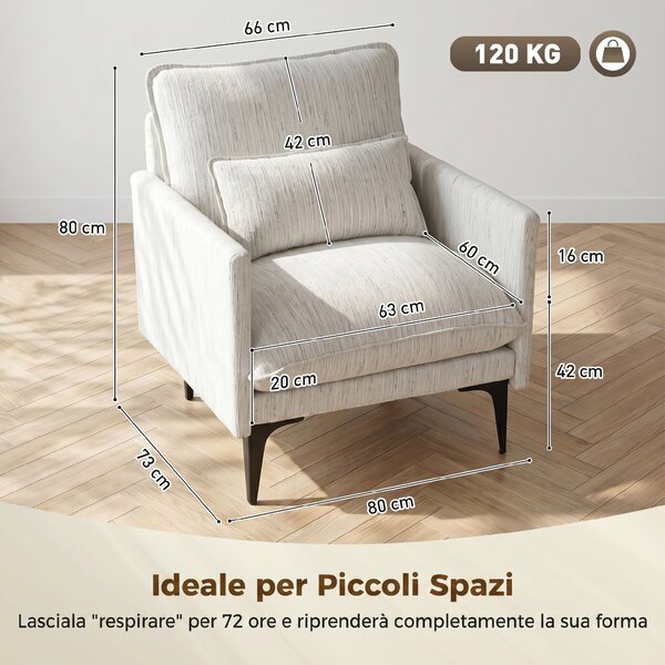 HOMCOM Poltrona Salotto Imbottita in Tessuto Effetto Lino con Braccioli, Cuscino Lombare e Seduta Ampia, Bianco | Aosom Italy