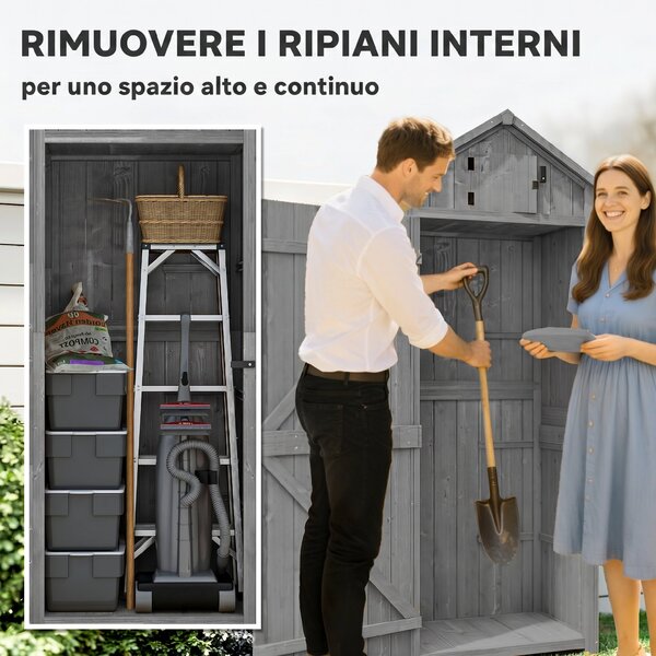 Outsunny Casetta da Giardino con 3 mensole rimovibili, Capanno Porta Attrezzi in Legno Impermeabile, 77x54.2x179 cm, Grigio | Aosom Italy