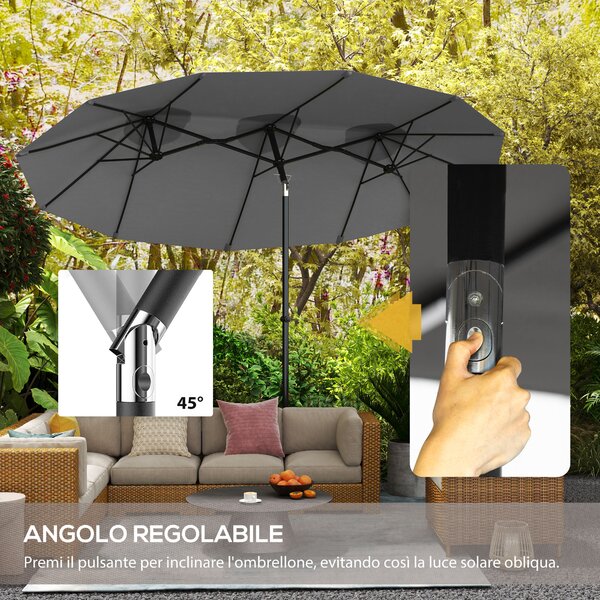 Outsunny Ombrellone Doppio Inclinabile a 45° con Manovella e Prese d'Aria, in Acciaio e Poliestere, 285x147x227 cm, Grigio
