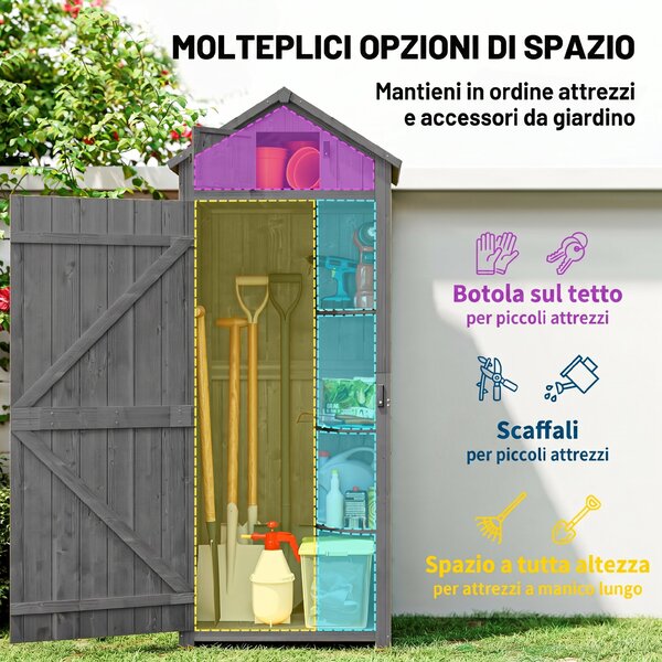 Outsunny Casetta da Giardino con 3 mensole rimovibili, Capanno Porta Attrezzi in Legno Impermeabile, 77x54.2x179 cm, Grigio | Aosom Italy