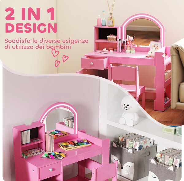 AIYAPLAY Set Toeletta Trucco per Bambini 2 in 1 con Specchio, Sedia, Luce LED, Armadietto, Scaffali e Libreria, Rosa | Aosom Italy