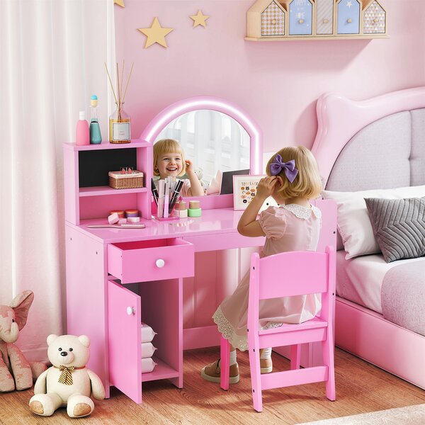 AIYAPLAY Set Toeletta Trucco per Bambini 2 in 1 con Specchio, Sedia, Luce LED, Armadietto, Scaffali e Libreria, Rosa | Aosom Italy
