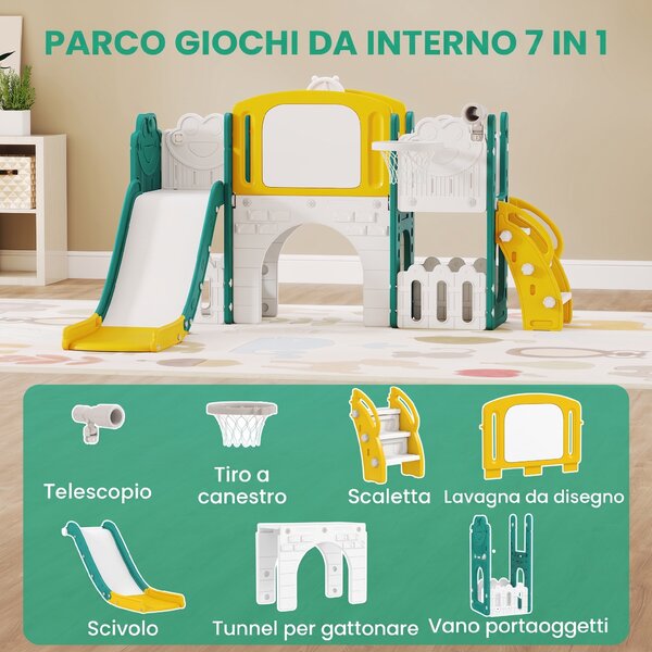 AIYAPLAY Set Scivolo per Bambini 7 in 1 con Arrampicata, Basket, Telescopio, Lavagna e Contenitore, Tema Rana, Giallo | Aosom Italy