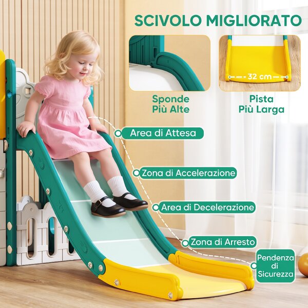 AIYAPLAY Set Scivolo per Bambini 7 in 1 con Arrampicata, Basket, Telescopio, Lavagna e Contenitore, Tema Rana, Giallo | Aosom Italy