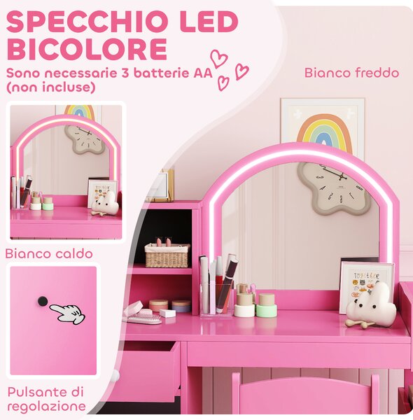 AIYAPLAY Set Toeletta Trucco per Bambini 2 in 1 con Specchio, Sedia, Luce LED, Armadietto, Scaffali e Libreria, Rosa | Aosom Italy