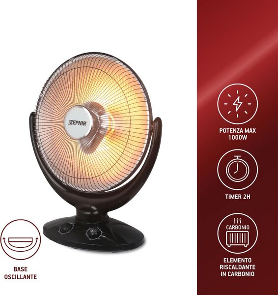 Zephir Stufa elettrica al Carbonio Potenza 900 Watt Oscillante con Timer colore Nero - ZCRB36