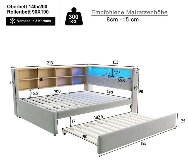 Divano letto - Letto estraibile 90 x 190 cm - Due posti - Rivestimento in velluto - Spazio contenitivo - Prese di corrente integrate - Grigio chiaro