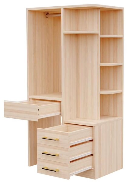 Armadio per bambini - 70 x 45 x 135 cm - Ripiani pieghevoli a più livelli - Porta appendiabiti - 3 cassetti portaoggetti - Autoportante - Aspetto in legno