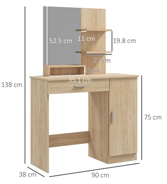HOMCOM Tavolo per Trucco in Truciolato con Mobiletto, Cassetto, Ripiani Aperti e Specchio, 90x38x138 cm|Aosom