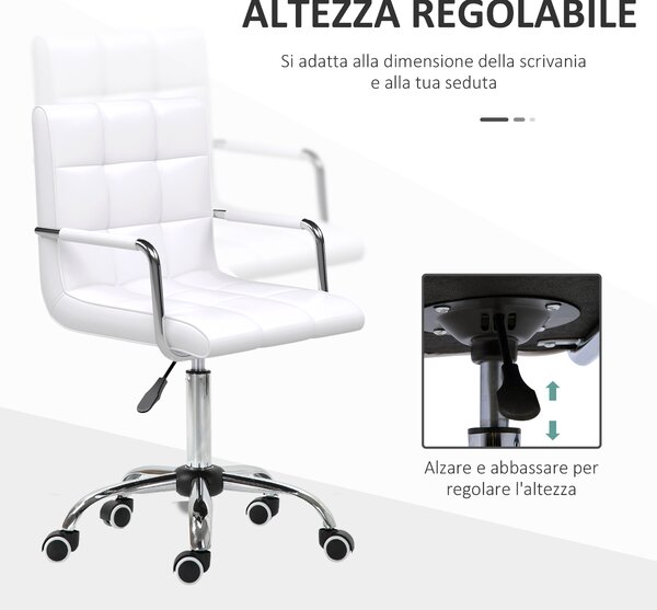 HOMCOM Sedia girevole in Similpelle Bianca con 5 Ruote Girevoli, Imbottitura e Altezza Regolabile, 52.5x54x84-99cm|Aosom