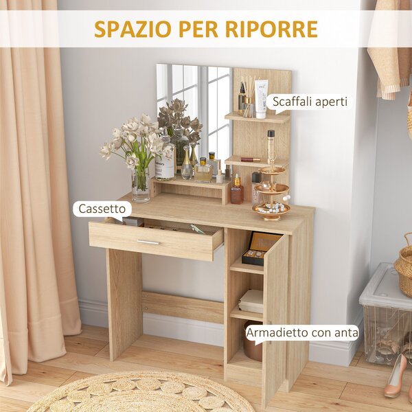 HOMCOM Tavolo per Trucco in Truciolato con Mobiletto, Cassetto, Ripiani Aperti e Specchio, 90x38x138 cm|Aosom
