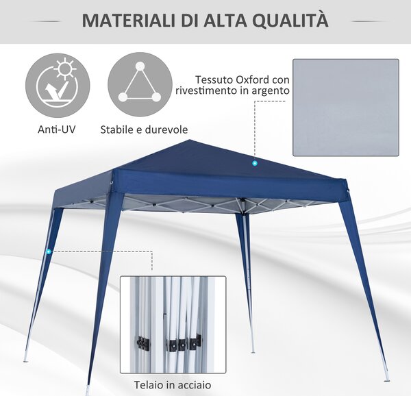 Outsunny Gazebo Pieghevole da Giardino 2.4x2.4m con Struttura in Acciaio e Corde Antivento, Blu