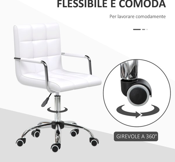 HOMCOM Sedia girevole in Similpelle Bianca con 5 Ruote Girevoli, Imbottitura e Altezza Regolabile, 52.5x54x84-99cm|Aosom