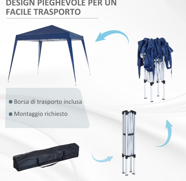 Outsunny Gazebo Pieghevole da Giardino 2.4x2.4m con Struttura in Acciaio e Corde Antivento, Blu