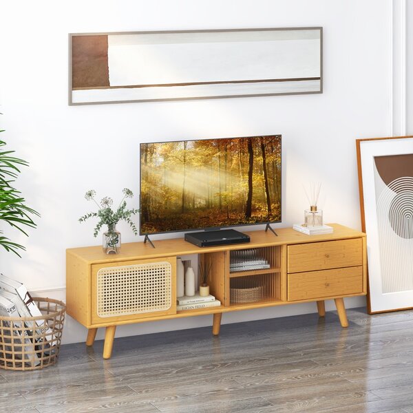 Costway Mobile in Bambù per TV fino a 65 Pollici con porte in vetro e rattan, Tavolino per TV con 2 cassetti Naturale