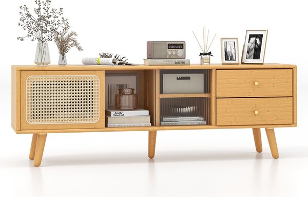 Costway Mobile in Bambù per TV fino a 65 Pollici con porte in vetro e rattan, Tavolino per TV con 2 cassetti Naturale