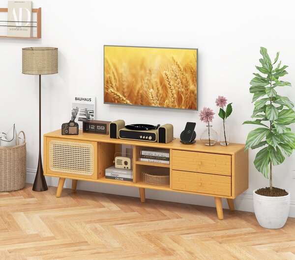 Costway Mobile in Bambù per TV fino a 65 Pollici con porte in vetro e rattan, Tavolino per TV con 2 cassetti Naturale