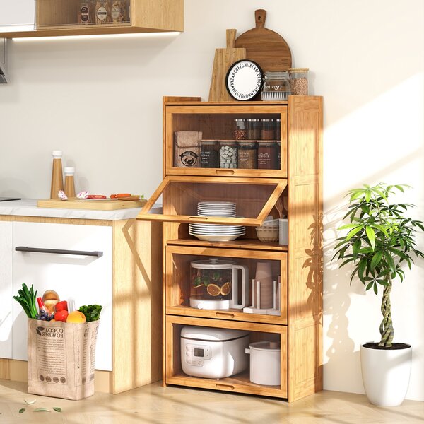 Costway Libreria a 4 ripiani con ante in acrilico trasparente, Libreria in bambù 140cm per studio e soggiorno Naturale