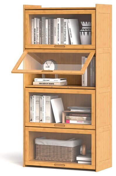 Costway Libreria a 4 ripiani con ante in acrilico trasparente, Libreria in bambù 140cm per studio e soggiorno Naturale