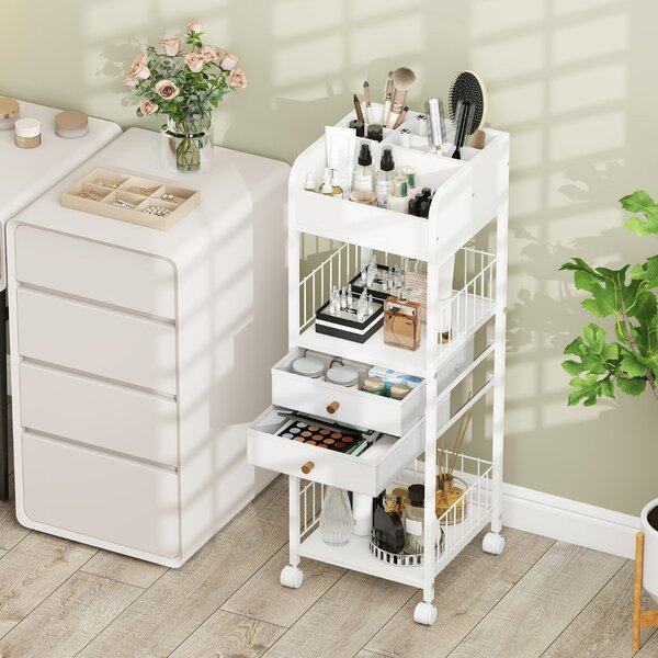 Costway Organizer per trucco con ruote, Carrello organizzatore con cassetti e ripiani Bianco
