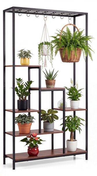 Costway Scaffale portapiante con 6 ripiani aperti per soggiorno e balcone, Supporto per piante con 10 ganci rimovibili struttura in legno e metallo